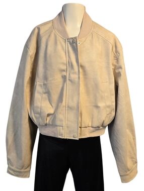 Hunter & Brown Cream Faux Leather Bomber Jacket Cropped‎ Size XL